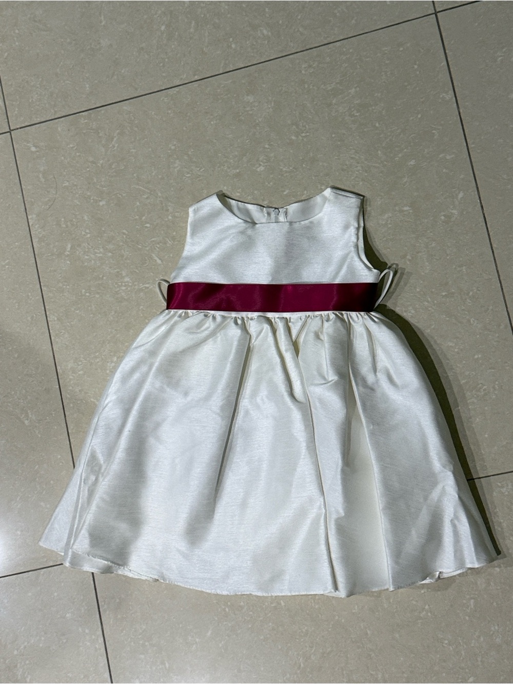 Ivory Satin Girls' Formal Dress with Burgundy Sash